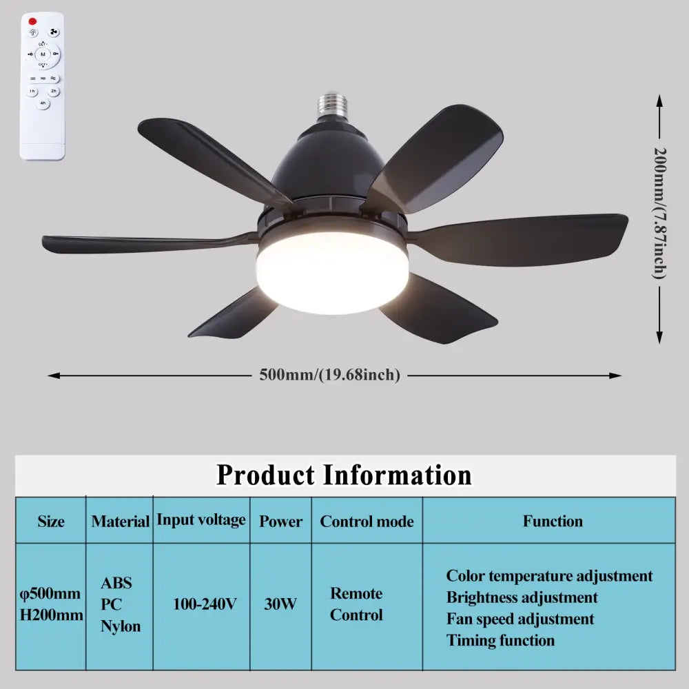 Modern ABS Ceiling Fan with RGB Light and Remote Control 32W 220V 30W Black