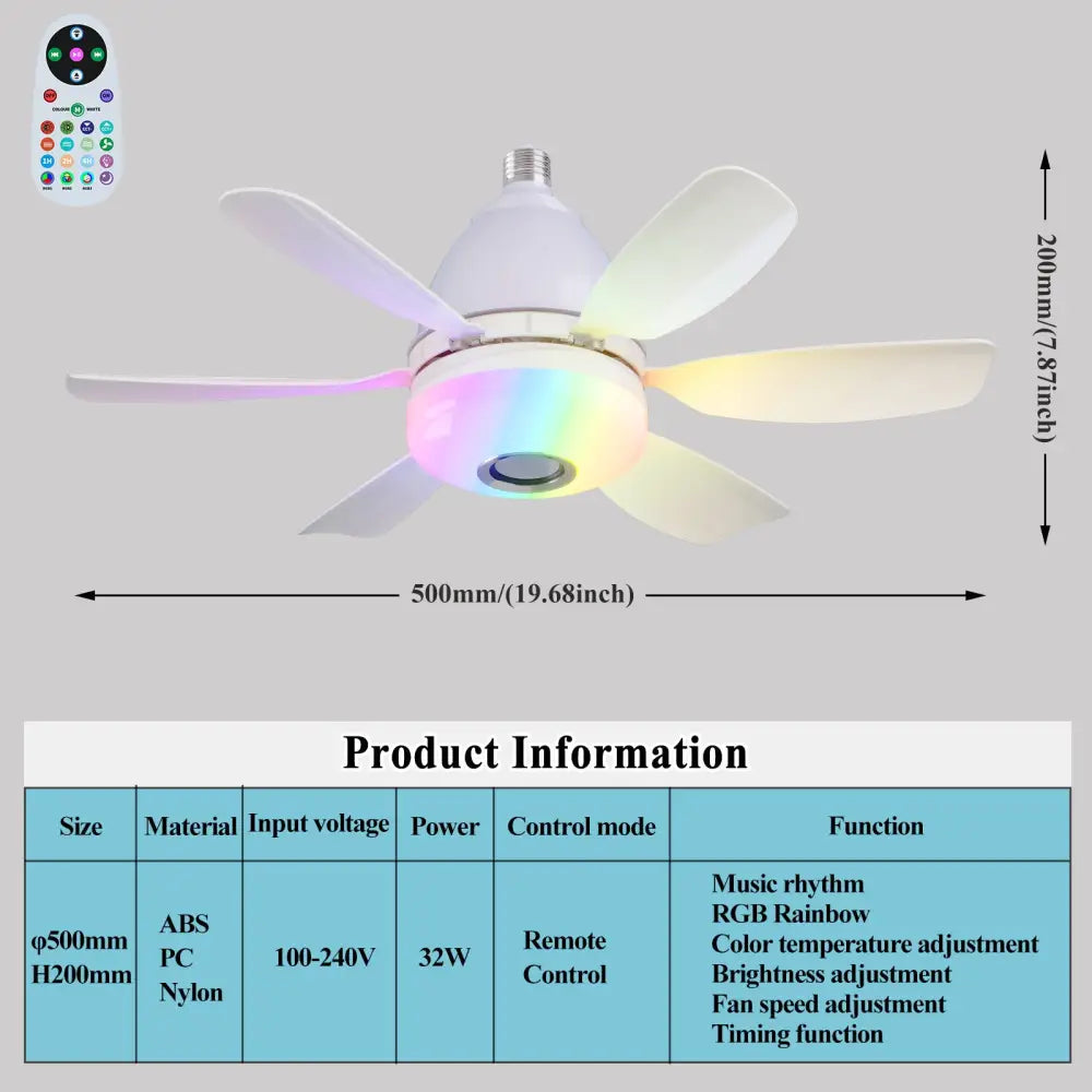 Modern ABS Ceiling Fan with RGB Light and Remote Control 32W 220V 32W White RGB