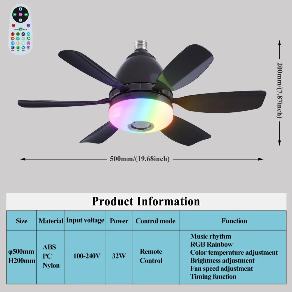 Modern ABS Ceiling Fan with RGB Light and Remote Control 32W 220V 32W Black RGB