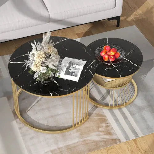 Moderne Nesting Coffee Table Set with Marble Veneer Round Design Black 5