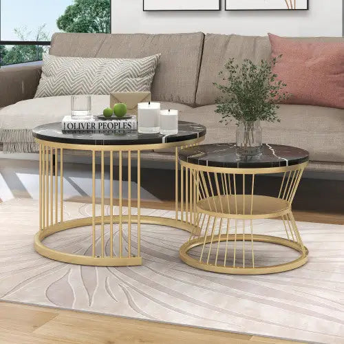 Moderne Nesting Coffee Table Set with Marble Veneer Round Design Black 5