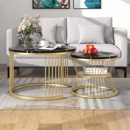 Moderne Nesting Coffee Table Set with Marble Veneer Round Design Black 5