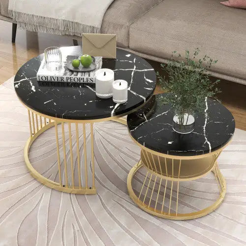 Moderne Nesting Coffee Table Set with Marble Veneer Round Design Black 5