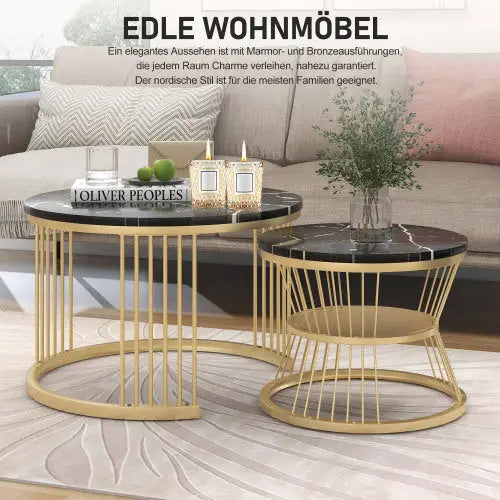 Moderne Nesting Coffee Table Set with Marble Veneer Round Design Black 5