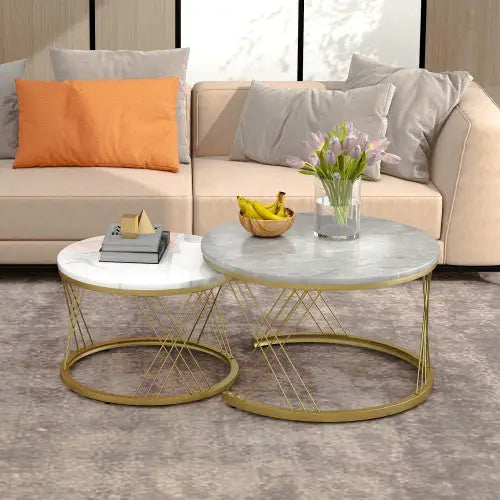 Moderne Nesting Coffee Table Set with Marble Veneer Round End Tables Grey 5