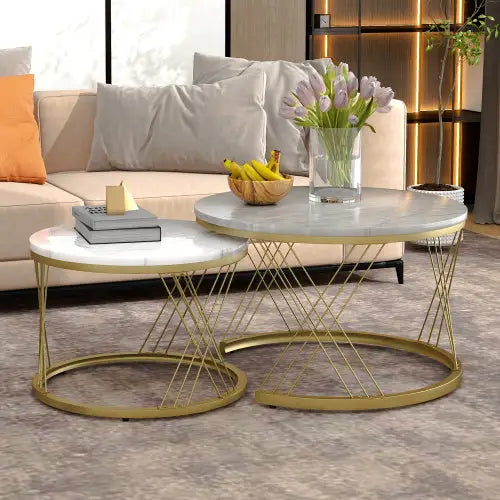 Moderne Nesting Coffee Table Set with Marble Veneer Round End Tables Grey 5