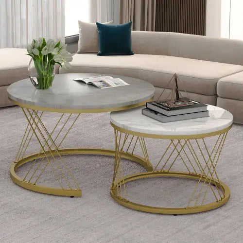 Moderne Nesting Coffee Table Set with Marble Veneer Round End Tables Grey 5