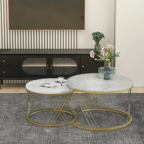 Moderne Nesting Coffee Table Set with Marble Veneer Round End Tables Grey 5
