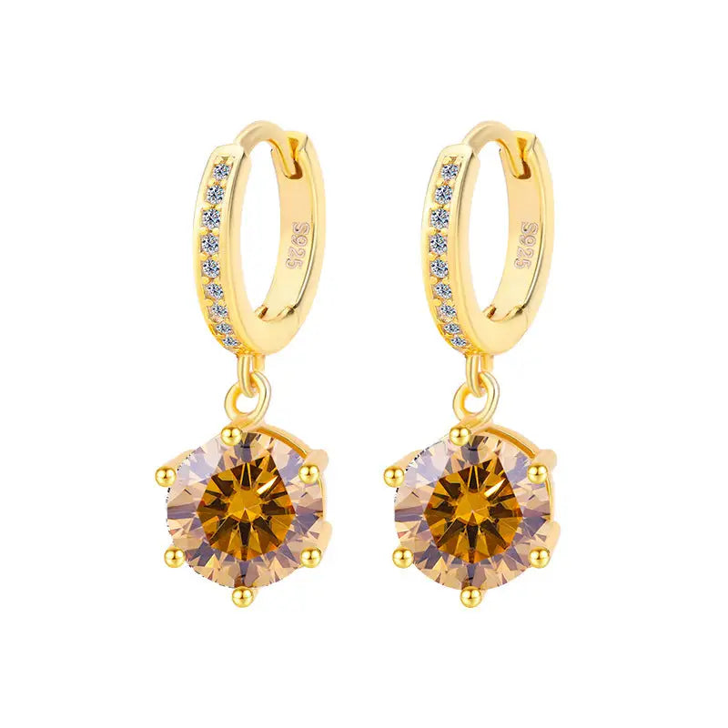 Moissanite Shine: Classic S925 Six-Claw Eardrops - Golden Champagne / 50 Points