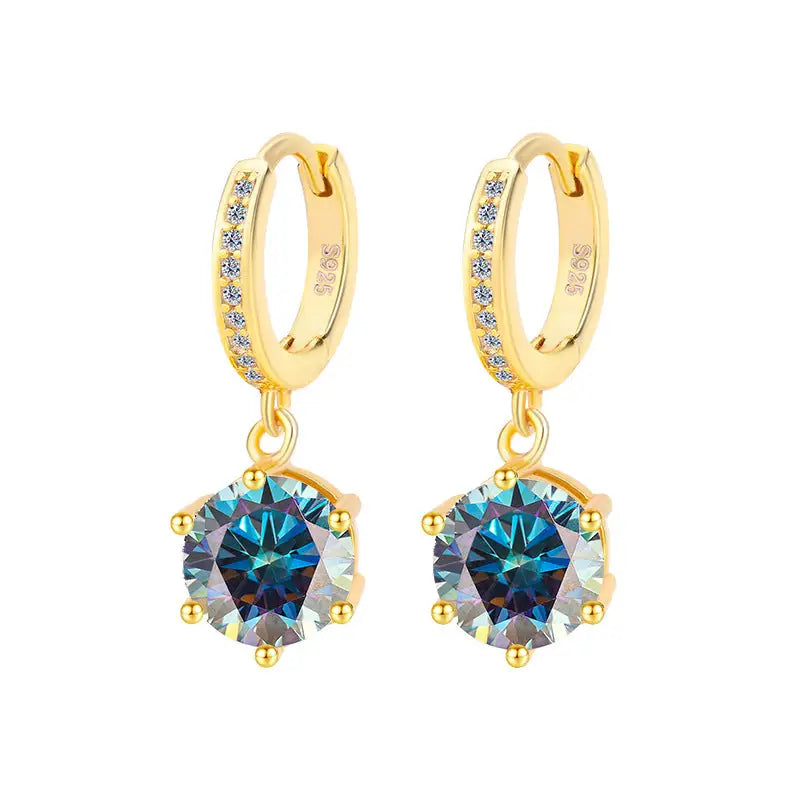 Moissanite Shine: Classic S925 Six-Claw Eardrops - Golden Colorful Blue / 50 Points