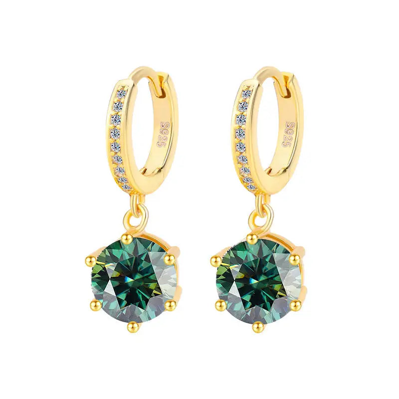 Moissanite Shine: Classic S925 Six-Claw Eardrops - Golden Emerald / 50 Points