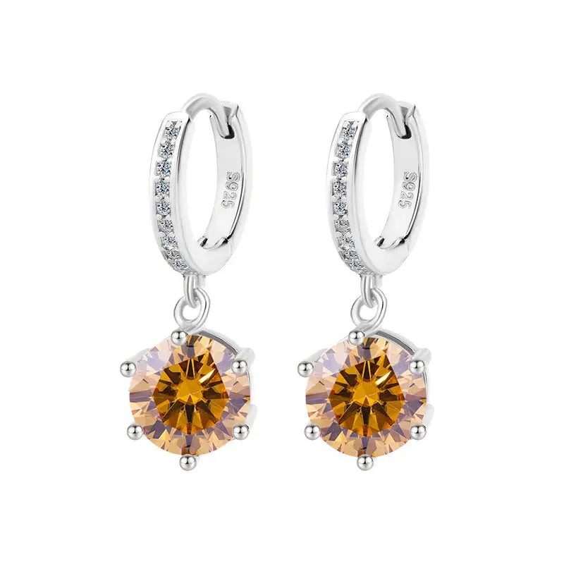 Moissanite Shine: Classic S925 Six-Claw Eardrops - White Gold Color Champagne / 50 Points