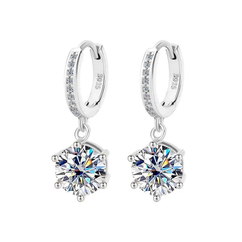 Moissanite Shine: Classic S925 Six-Claw Eardrops - White Gold Color White Diamond / 50 Points