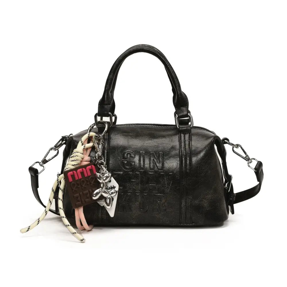 Neutral Soft PU Messenger Bag with Pendant and Mobile Phone Pocket - Black Ribbon Pendant