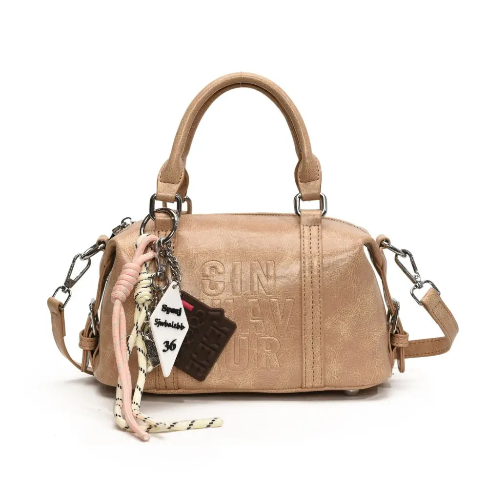 Neutral Soft PU Messenger Bag with Pendant and Mobile Phone Pocket - Khaki With Pendant