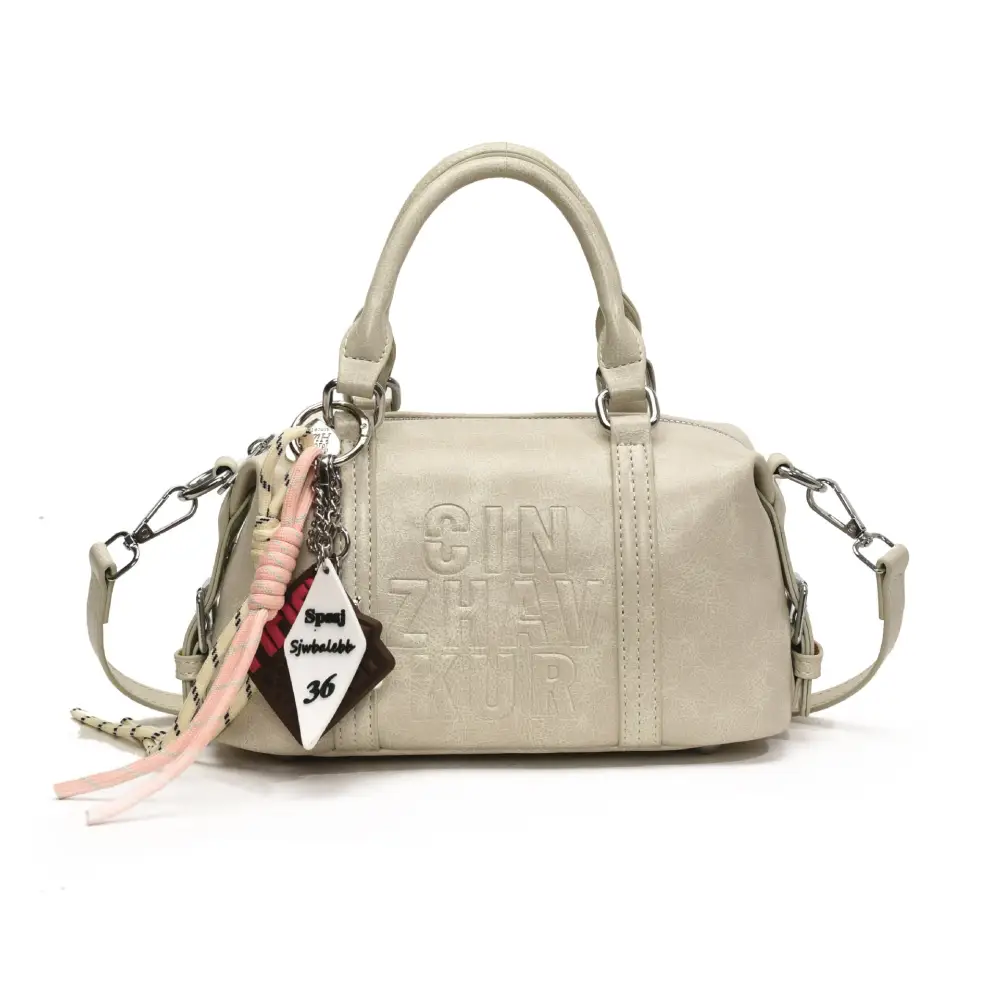 Neutral Soft PU Messenger Bag with Pendant and Mobile Phone Pocket - Beige Ribbon Pendant