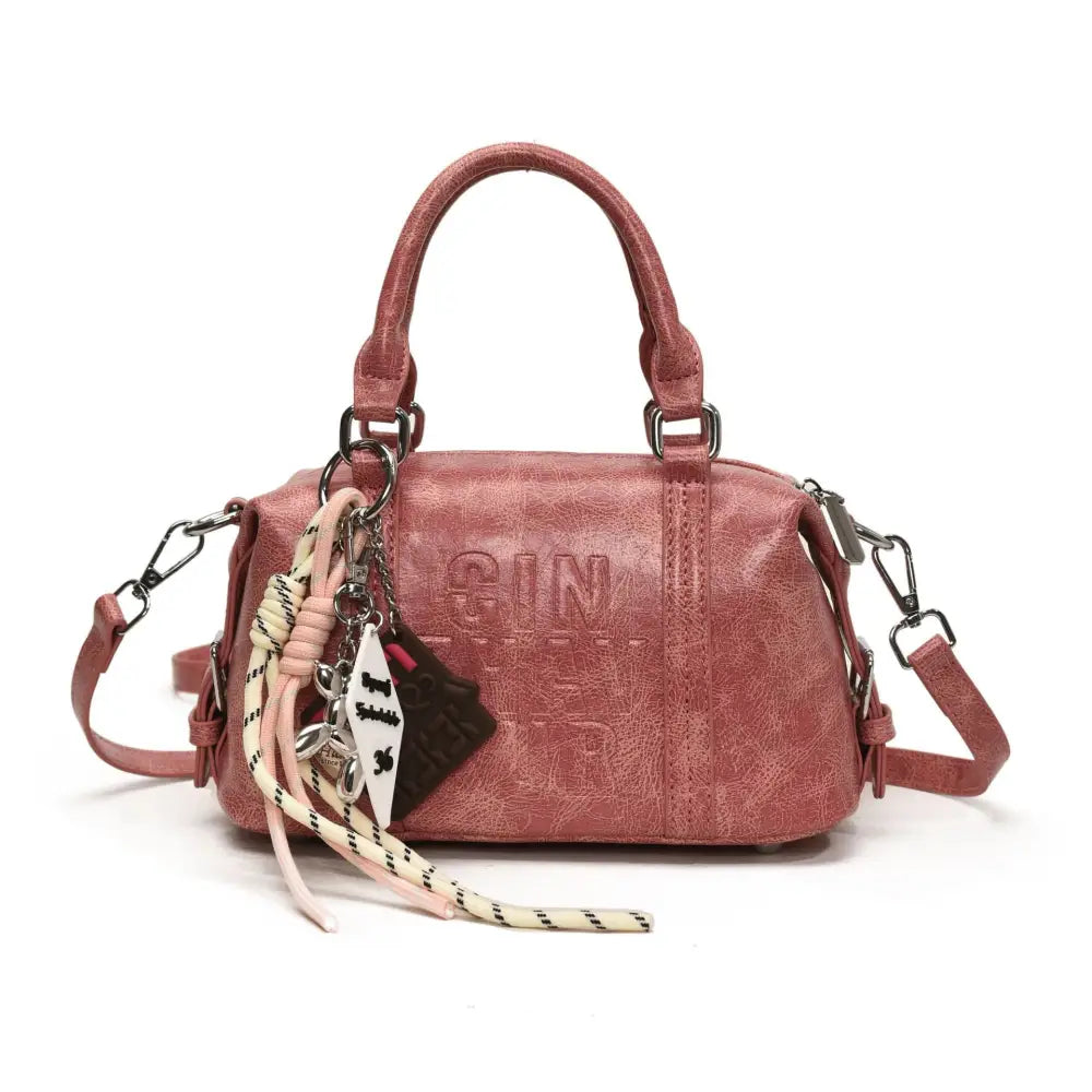 Neutral Soft PU Messenger Bag with Pendant and Mobile Phone Pocket - Pink With Pendant