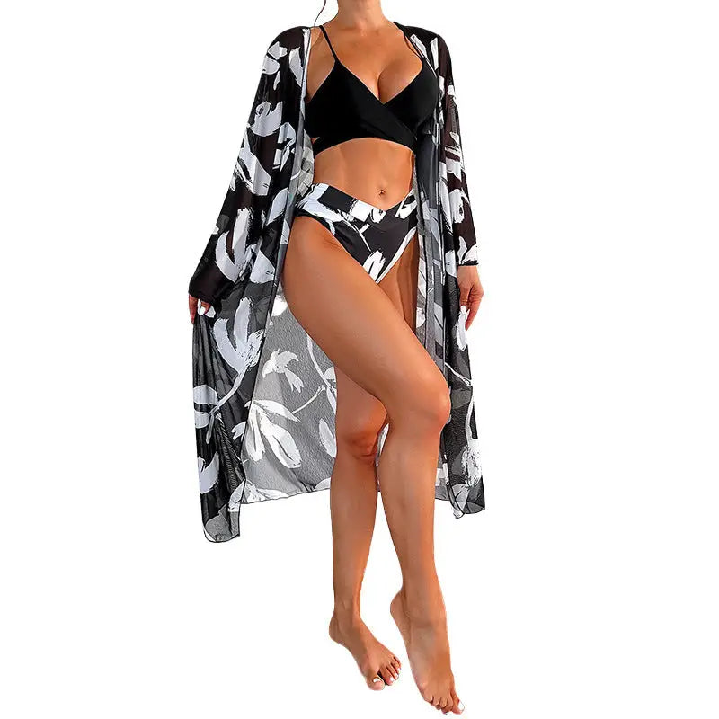 New Bikini Three-piece Women’s Swimsuit Black And White Printed Swimming