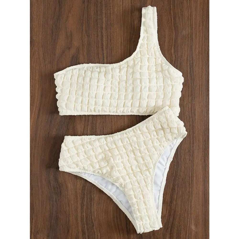 Nieuw effen damesbadpak met één schouder en hoge taille en split