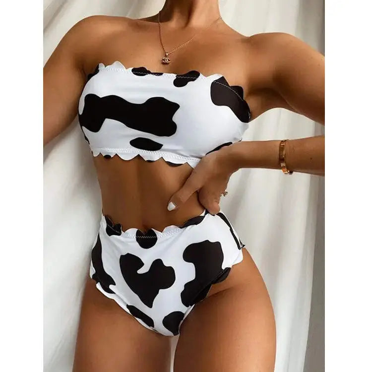 New Style Wrapped Breast Bikini Cow Print - Black and white / S