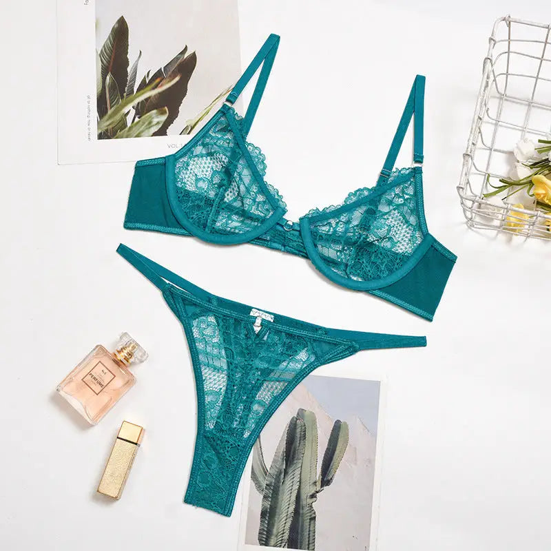 New Women’s Multi-color Perspective Lace Underwear Set - Dark green / S