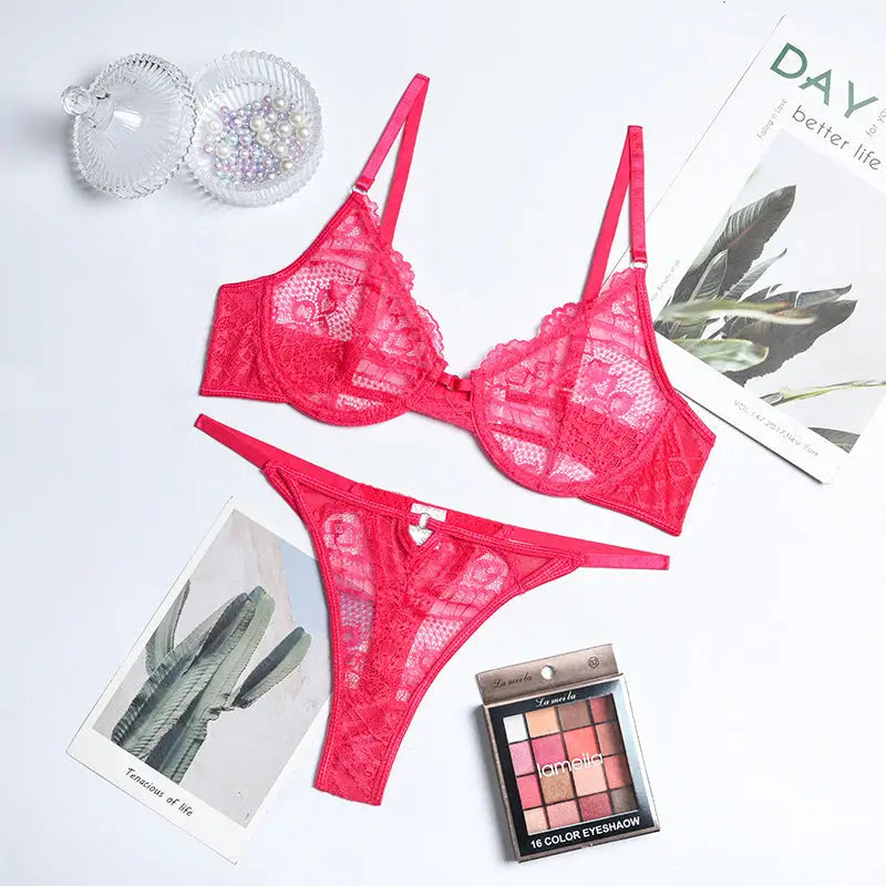 New Women’s Multi-color Perspective Lace Underwear Set - Rose Red / S