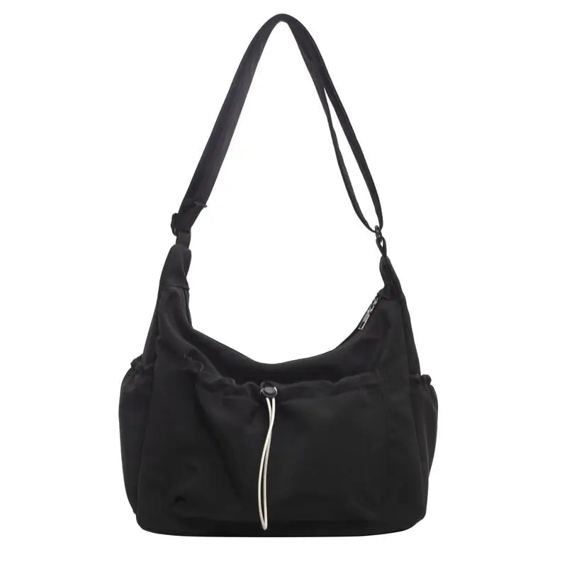 Nylon Horizontal Square Bag with Three Dimensional Pocket and Phone Compartment - Black