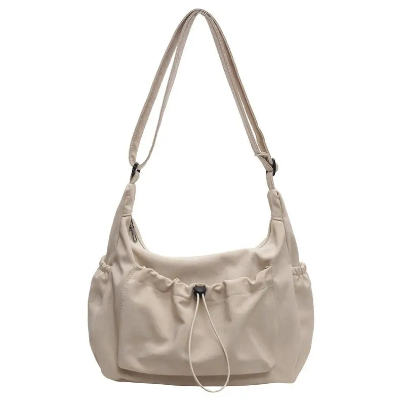 Nylon Horizontal Square Bag with Three Dimensional Pocket and Phone Compartment - Beige