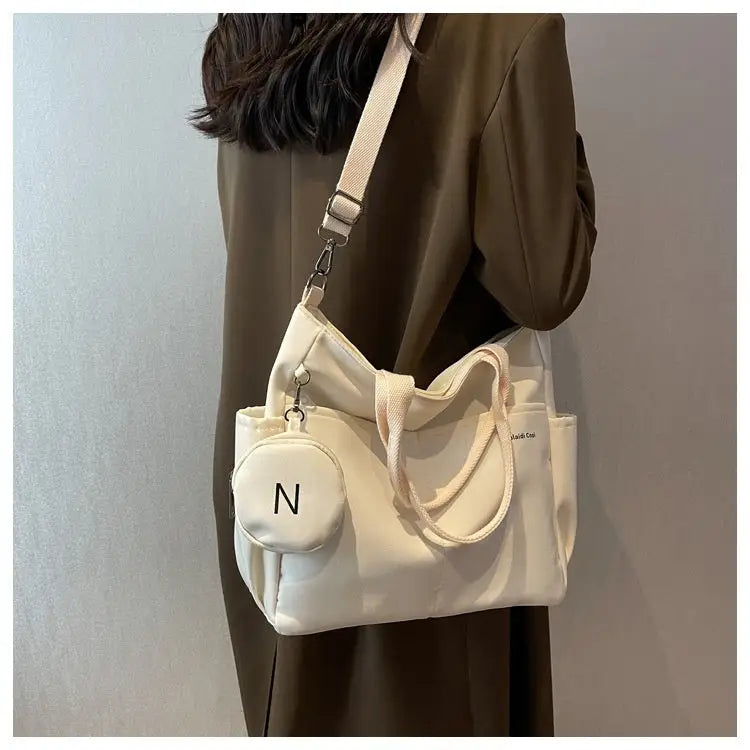 Nylon Shoulder Bag with Letter Print and Open Pocket