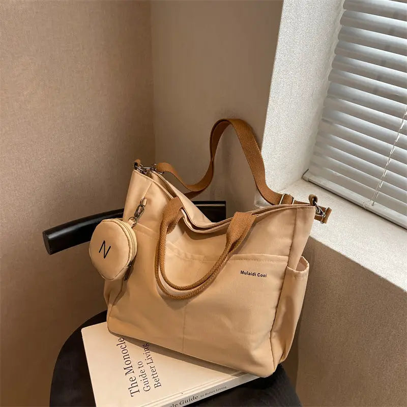 Nylon Shoulder Bag with Letter Print and Open Pocket