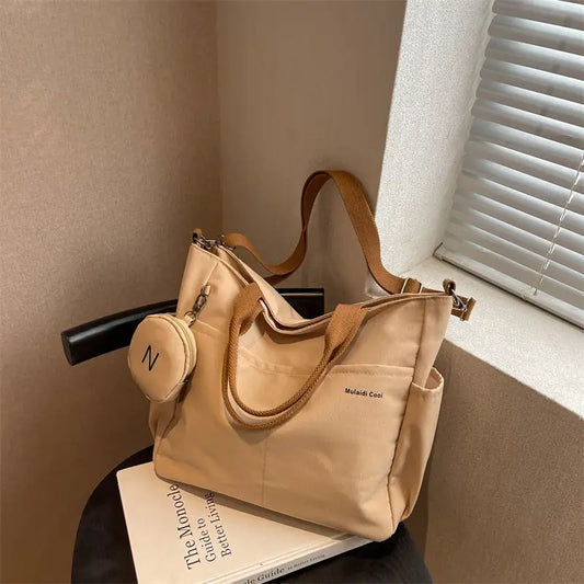 Nylon Shoulder Bag with Letter Print and Open Pocket