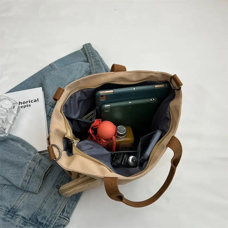 Nylon Shoulder Bag with Letter Print and Open Pocket
