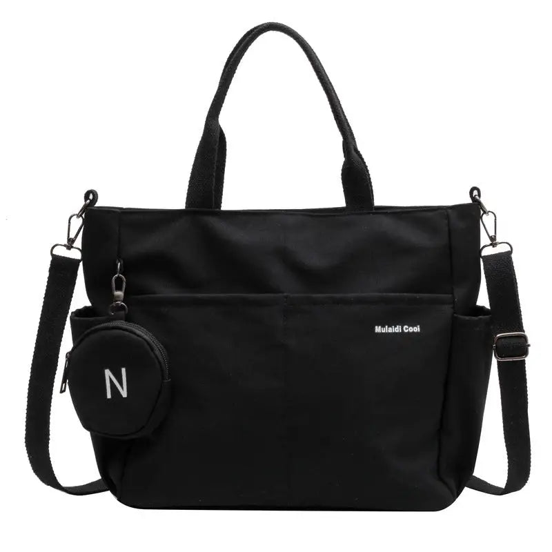 Nylon Shoulder Bag with Letter Print and Open Pocket - Black