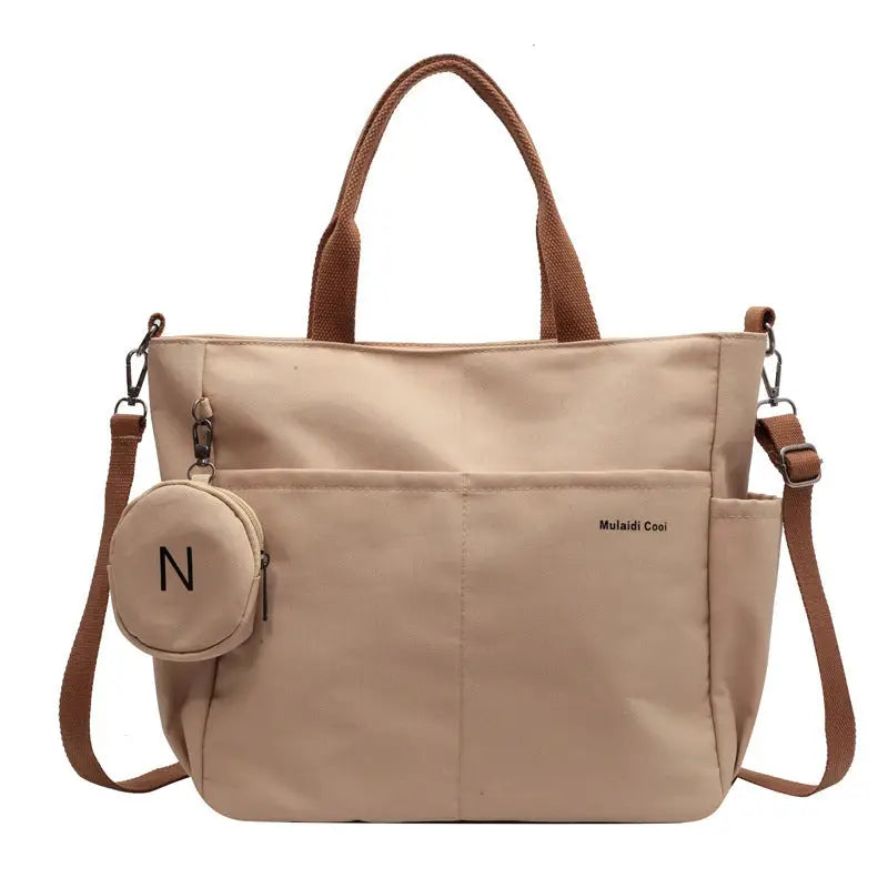 Nylon Shoulder Bag with Letter Print and Open Pocket - Khaki