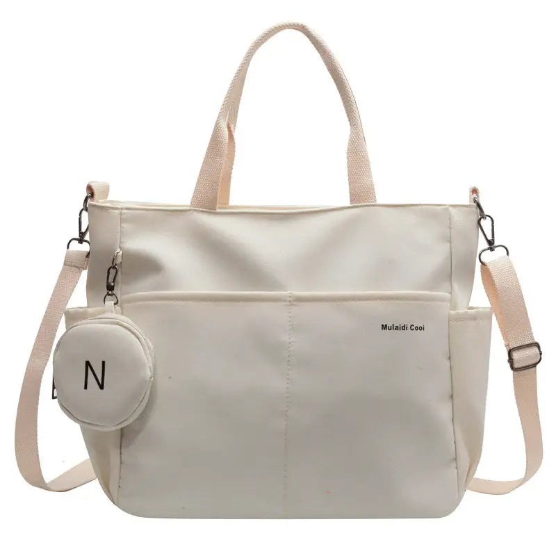 Nylon Shoulder Bag with Letter Print and Open Pocket - White