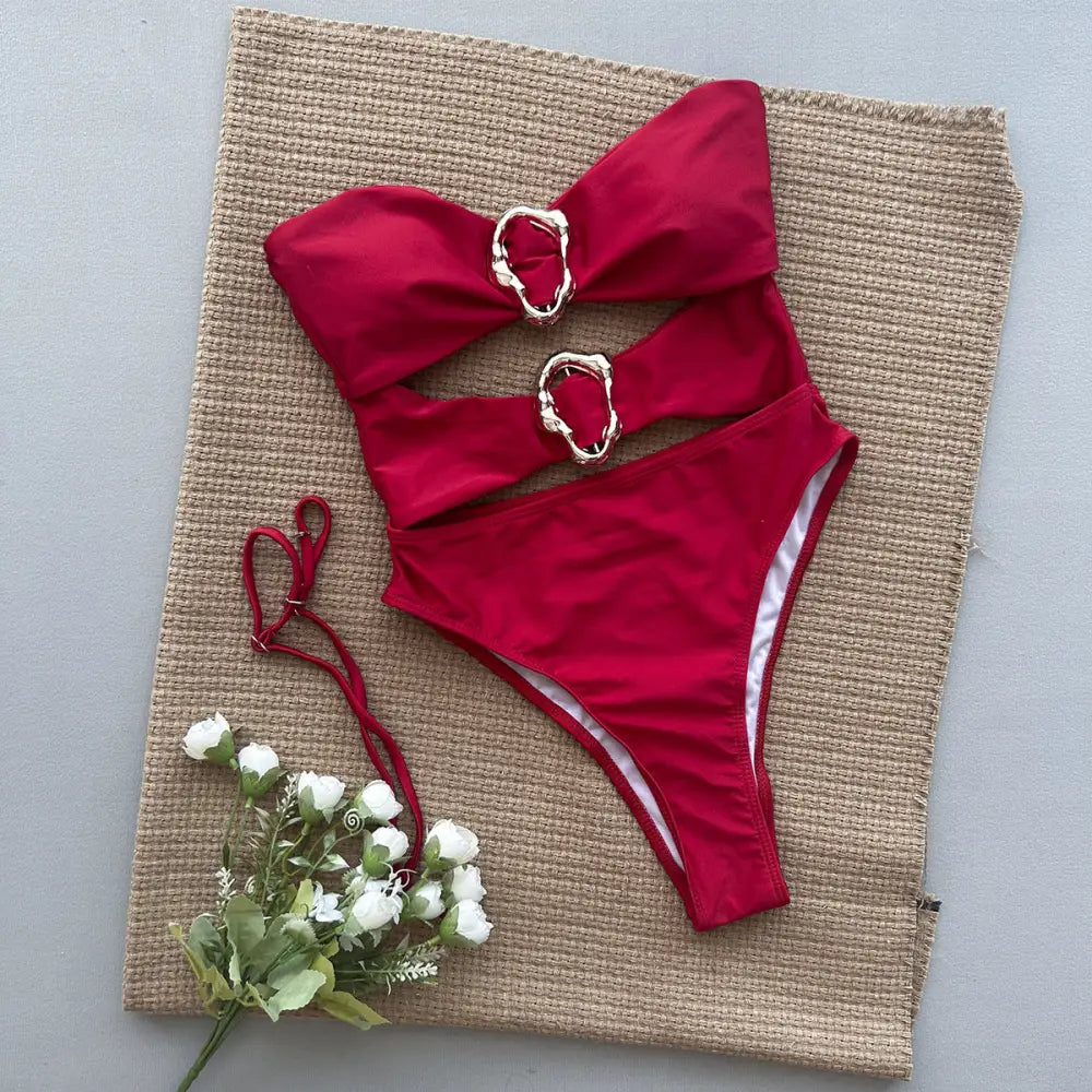 One-piece Swimsuit Sexy Bikini Women’s Solid Color - C3691 Red / S