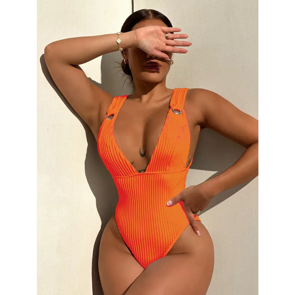 One-piece Swimsuit Women’s Sexy Solid Color - Orange / S