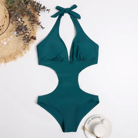 One Piece Triangle Show Waist Solid Color Swimsuit