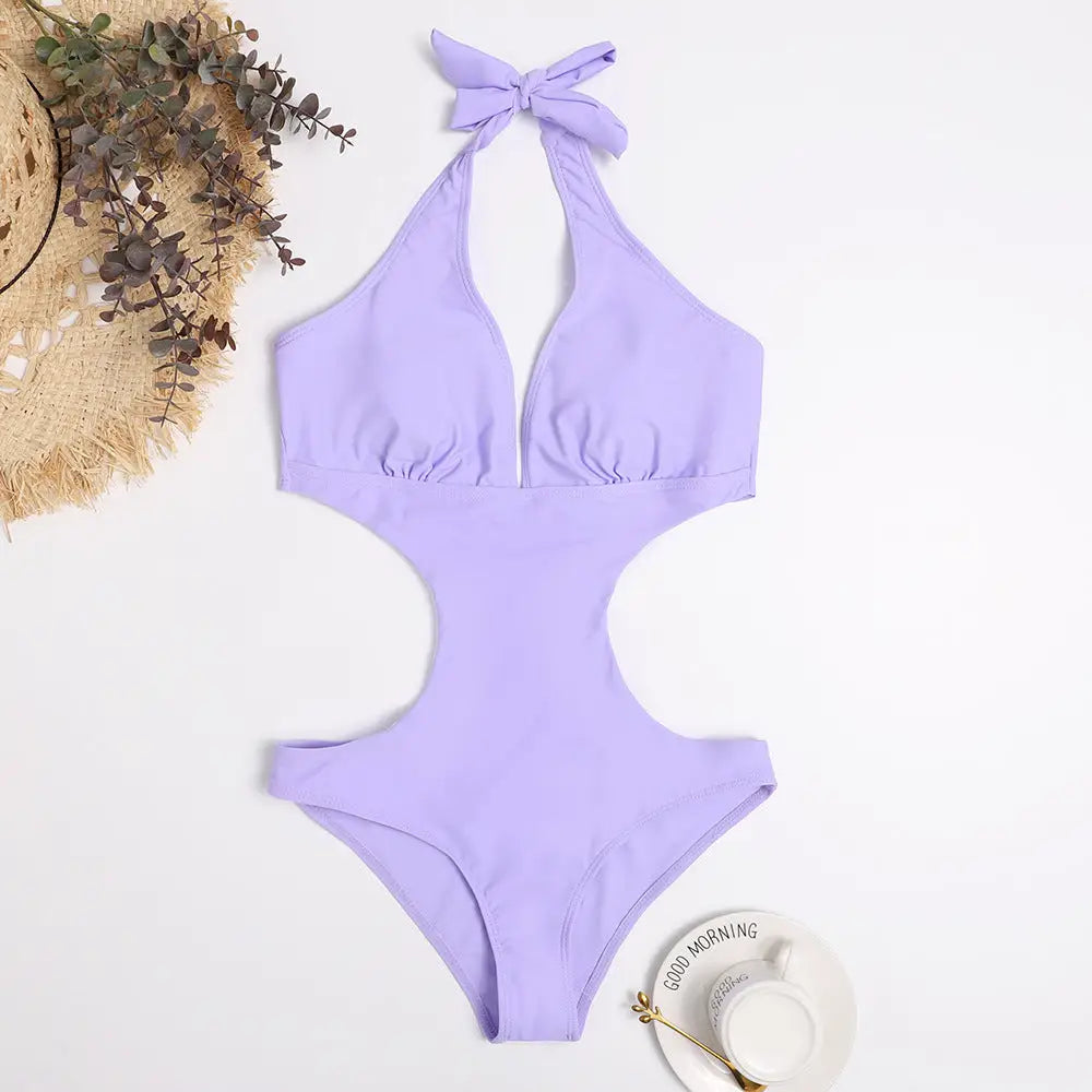 One Piece Triangle Show Waist Solid Color Swimsuit - Purple / S