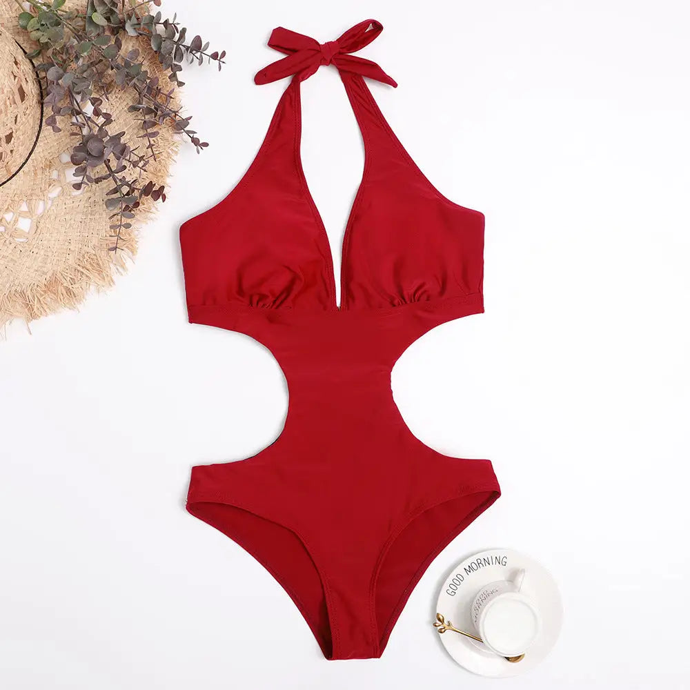 One Piece Triangle Show Waist Solid Color Swimsuit - Red / S