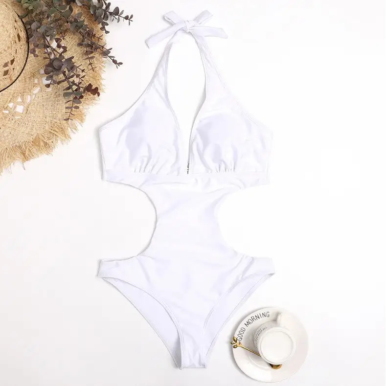One Piece Triangle Show Waist Solid Color Swimsuit - White / S