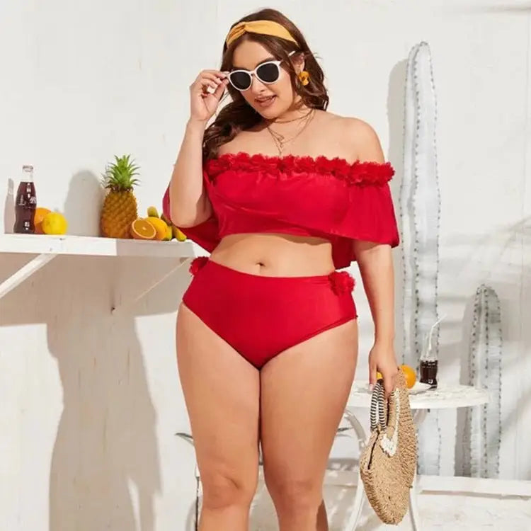 One-shoulder Split High-waist Swimsuit - Red / L