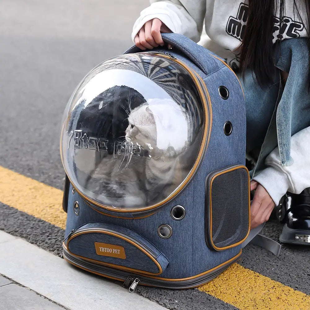 Panoramic Transparent Window Cat Backpack Denim Blue or Linen Gray