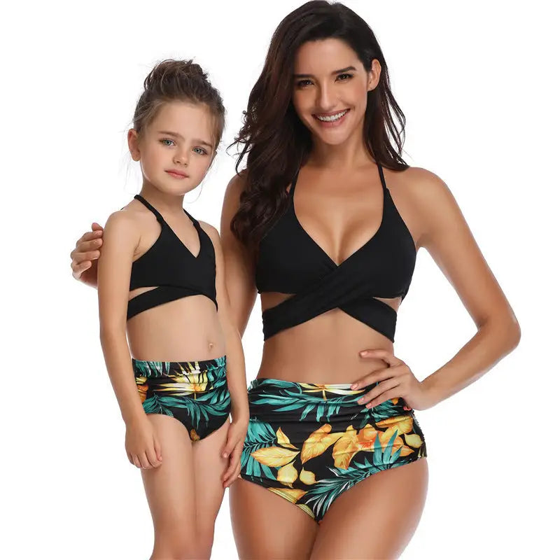 Parent-child Swimsuit Printed High Waist Bikini Ruffled Mother And Daughter Swimwear - Changyu yellow leaves / Adults