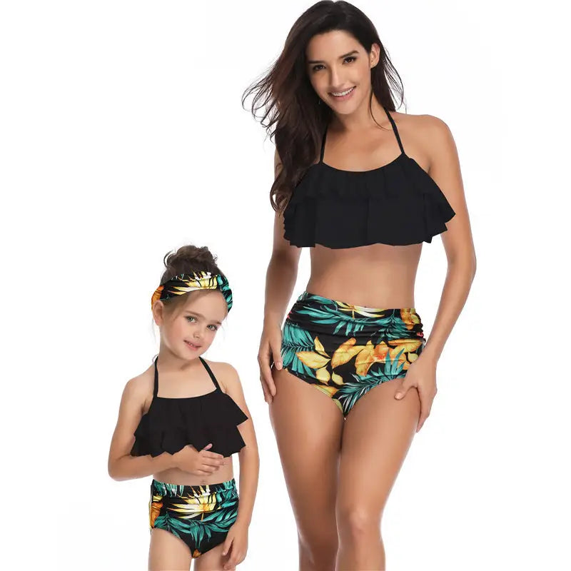 Parent-child Swimsuit Printed High Waist Bikini Ruffled Mother And Daughter Swimwear - Futaba yellow leaves / Adults