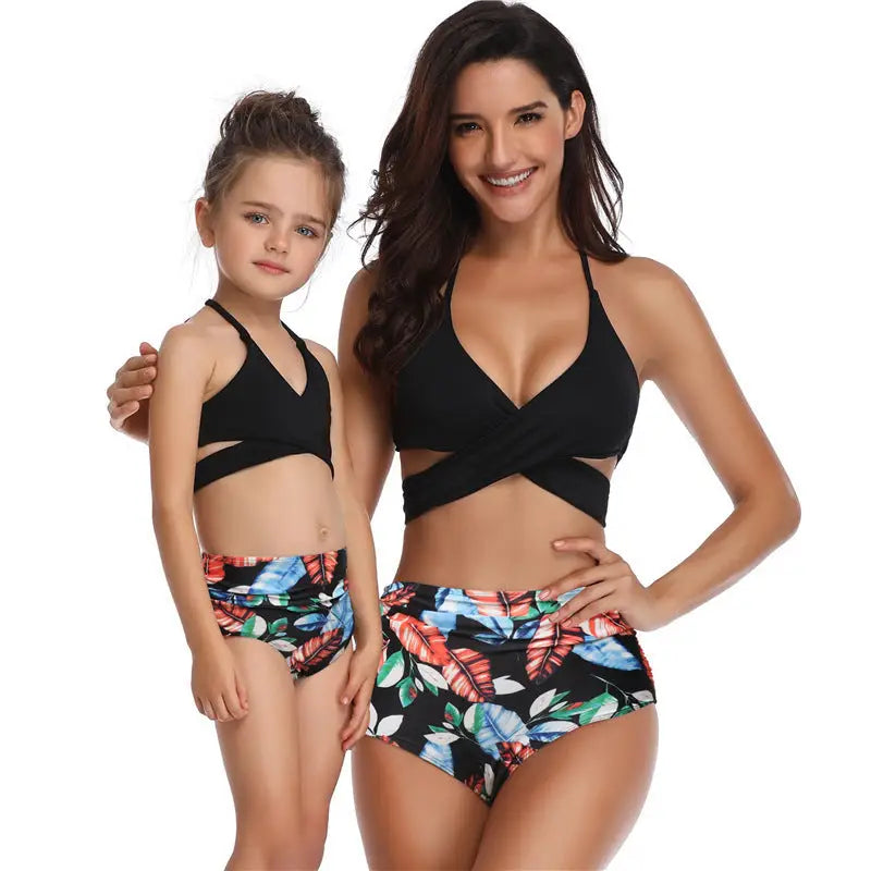 Parent-child Swimsuit Printed High Waist Bikini Ruffled Mother And Daughter Swimwear - Longyu tangerine leaves / Adults