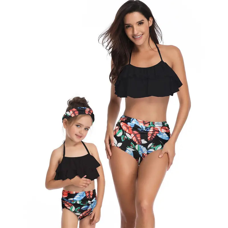 Parent-child Swimsuit Printed High Waist Bikini Ruffled Mother And Daughter Swimwear - Futaba tangerine leaves / Adults