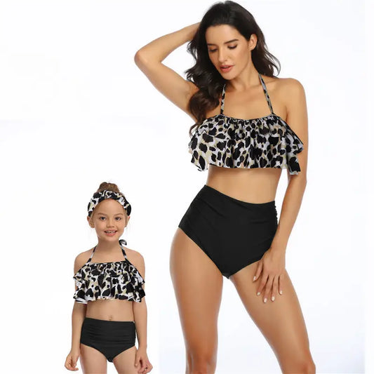 Parent-child Swimsuit Printed High Waist Bikini Ruffled Mother And Daughter Swimwear - Leopard print / Adults