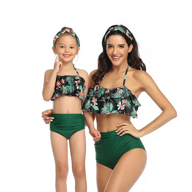 Parent-child Swimsuit Printed High Waist Bikini Ruffled Mother And Daughter Swimwear - Frangipani / Adults