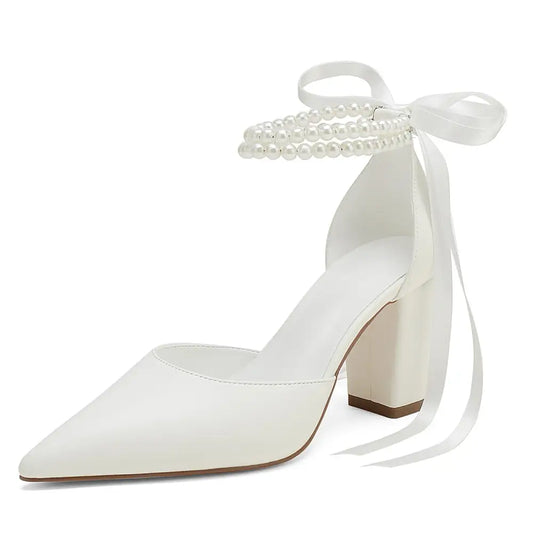 Pearl Ribbon Chunky Heels - White / 36
